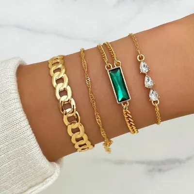 Green Crystal Multi Chain Bracelet Set (4 pcs)